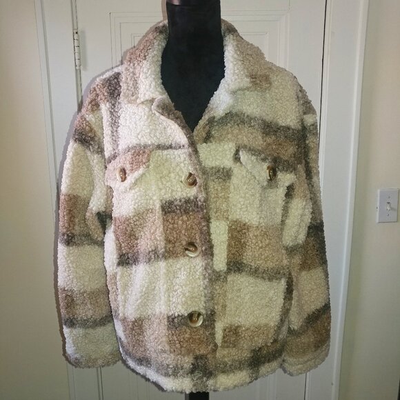 SHE + SKY: Brown & Cream Teddy Sherpa Jacket - Women's Size Large - Picture 1 of 8